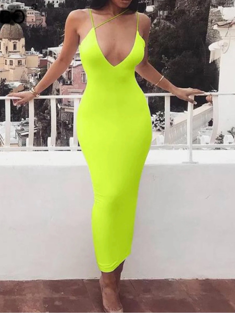 Neon Yellow Strappy V-Neck Maxi Dress